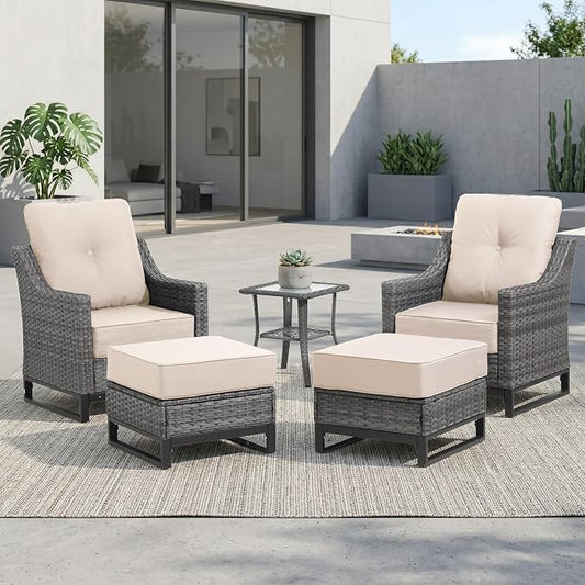 5 Piece Patio Furniture Set, Grey Wicker Outdoor Conversation Set with 2 Wicker Chairs, Side Table and 2 Ottomans, 6-Inch Thick Cushions, Beige Olefin Covers for Patio and Porch