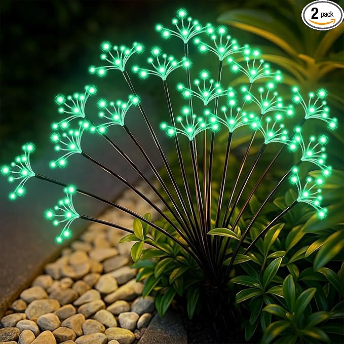 Solar Garden Lights 2 Pack Waterproof Solar Swaying Starburst Light Outdoor Lights for Yard Patio Walkway Pathway Party Wedding Christmas Decoration, Green