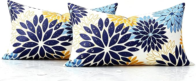 Dahlia Throw Pillow Covers 12x20 Inch Set of 2 Outdoor Pillows Waterproof Cushion Covers Decorative Pillowcases Blue and Yellow Square for Living Room Patio Garden Funiture