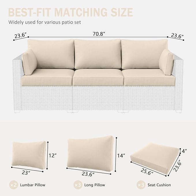 Outdoor Furniture Replacement Cushions, Waterproof Patio Furniture Cushions, 4" Deep Seat Outdoor Sectional Cushion for 3-Seat Outdoors Rattan Sofa Patio Sofa Cushion, Cream