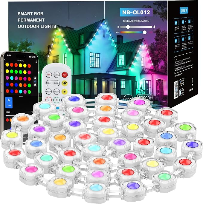 Permanent Outdoor Lights, 50ft Smart RGB Outdoor Light, 36 LED Eaves Lights with 54 Scene Mode, IP67 Waterproof for Halloween, Christmas, New Year, Holidays, Daily Lighting, APP Voice Remote Control