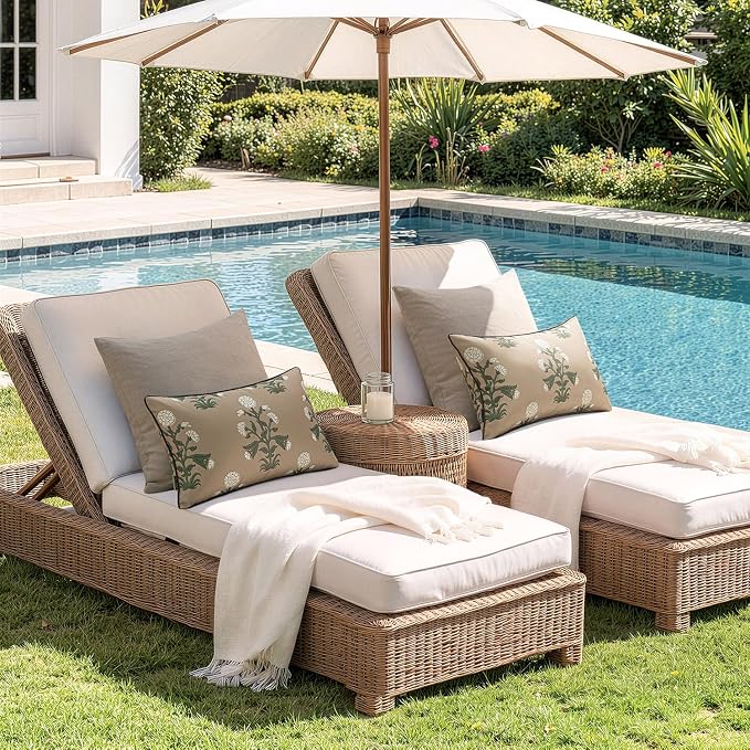 MIULEE Floral Outdoor Lumbar Pillow Covers with Inserts 12x20 Brown | Set of 2 Waterproof Decorative Throw Pillows with Piping,Vintage Fade Resistant, Patio Furniture Summer Garden Couch Sofa