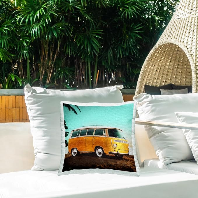 Stupell Industries | Yellow Van on Tropical Beach, 18 x 18 | Outdoor Pillow, Made in USA - By Michael A.
