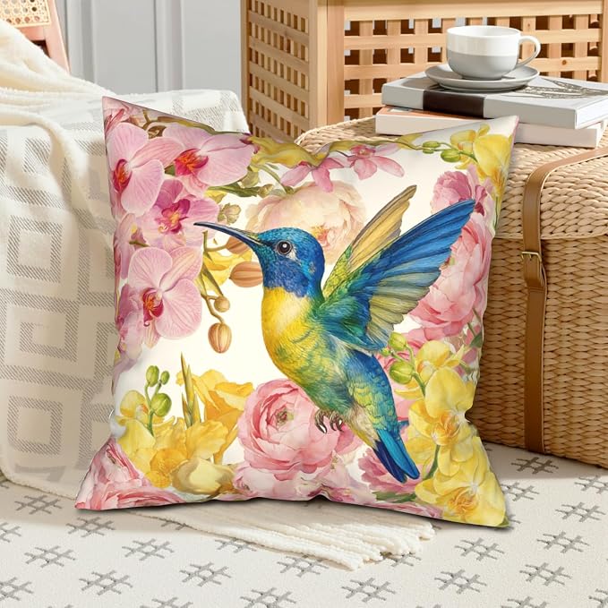 Spring Pillow Covers 24x24 Set of 2 Hummingbird Throw Pillow Covers Pink Yellow Moth Orchid Buttercup Floral Pillow Case for Home Decor Couch Sofa