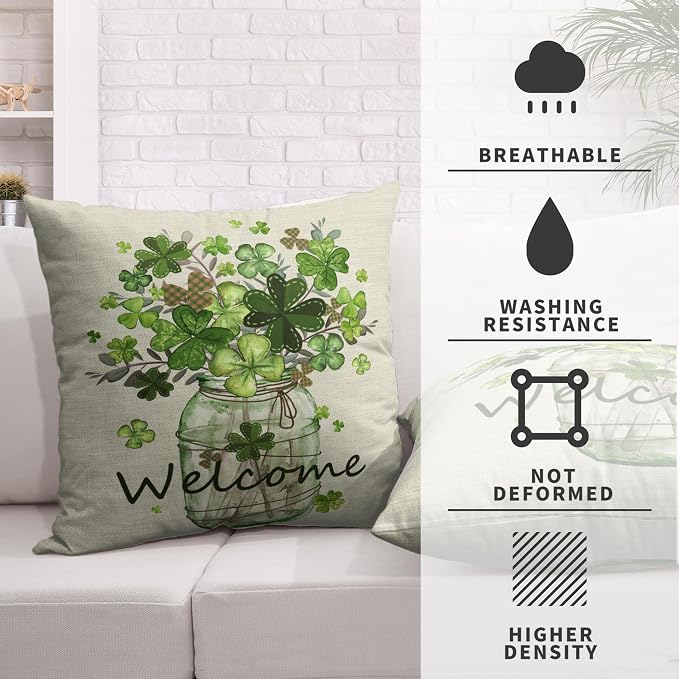 St Patricks Day Pillow Covers 22x22 Set of 2 Shamrock Pillow Case Clover Vase Decorative Pillow Covers Spring Cotton Linen Cushion Case for Living Room Outdoor Bedroom