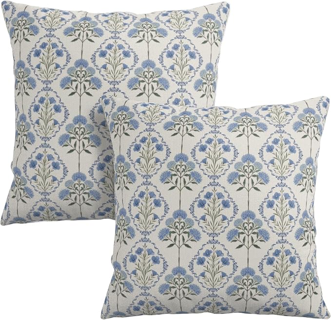 Vintage Floral Pillow Covers Blue Green Boho Flower Block Print Throw Pillow Cover 18x18 Spring Summer Hydrangea Pillow Cases Wildflower Farmhouse Cushion Case for Home 2 Pack