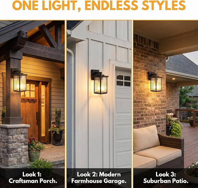 2 Pack Black Dusk to Dawn Outdoor Wall Light, All-Metal Frame | Auto On/Off, Rust-Resistant,Tempered Glass, Easy DIY Install on Porch, Garage