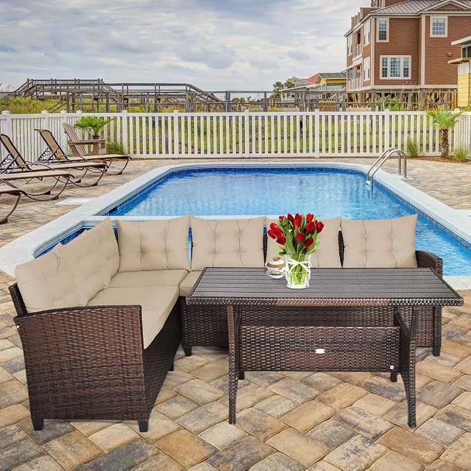 HAPPYGRILL 3-Piece Outdoor Patio Furniture Set Rattan Wicker Sofa Set with Seat & Back Cushions, Manual Weaving Conversation Set with Coffee Table for Patio Garden Backyard