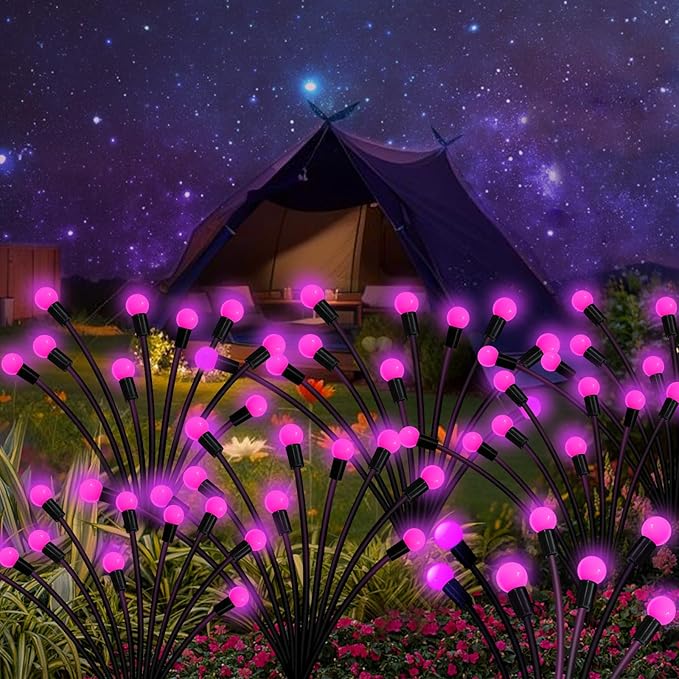 Kohlrabi Solar Garden Lights Outdoor, 6 Pack 48 LED Pink Firefly Lights Waterproof, Sway by Wind, Solar Swaying Light for Yard Patio Backyard Garden Planter Flower Bed Pathway Outdoor Decoration
