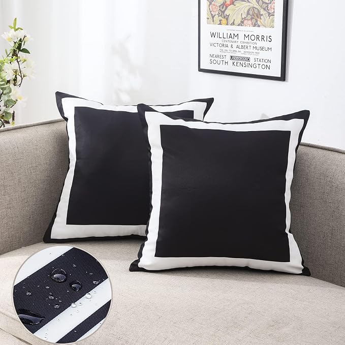 JOJOGOGO Black Outdoor Throw Pillow Covers Waterproof 20x20 Set of 2, Black and White Decorative Outdoor Waterproof Sunburn Resistant Boho Pillows 20 x 20 for Patio Furniture Porch (White Border)