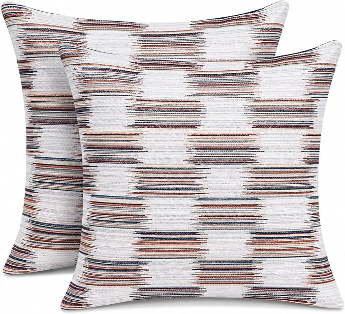 Outdoor Pillow Covers Waterproof Throw Pillow Covers, Set of 2 Jacquard Texture Water Resistant Fade Resistant Decorative Cushion Covers for Garden Patio Bench Couch Sofa, 18x18 Inch (Woven Rainbow)