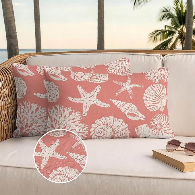 Waterproof Pillow Covers Set of 2 12x20 Inch Ocean Coastal Outdoor Lumbar Cushion Covers Shells Starfish Conch Coral Red Linen Decorative Pillow Cases for Patio, Sofa, Couch, Garden