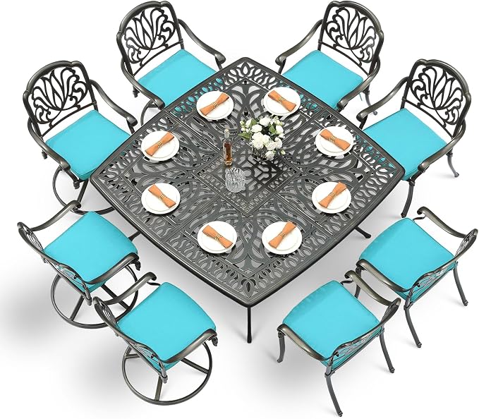 VIVIJASON 9-Piece Outdoor Furniture Dining Set, Cast Aluminum Patio Table and Chairs Set with 4 Stationary Chairs, 4 Swivel Rocker Chairs, 64" Large Square Dining Table, Umbrella Hole, Ocean Blue