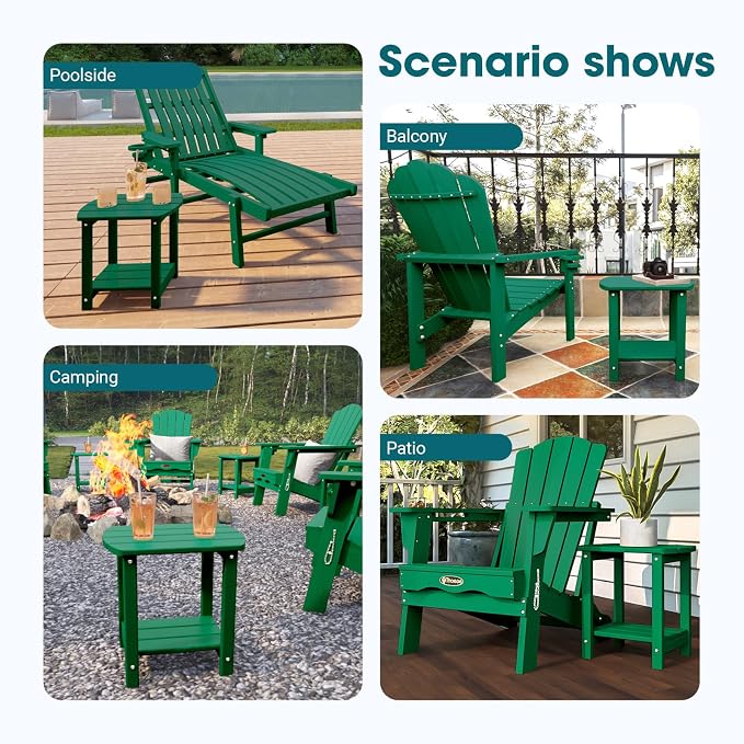 THOEOE Adirondack Outdoor Side Table, 2-Tier Sturdy Patio End Table Weather Resistant, Morden Side Table for Patio, Pool, Porch, Green