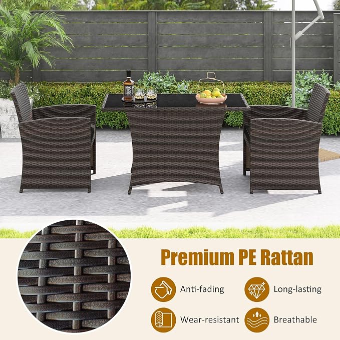 HAPPYGRILL 3 Pieces Patio Wicker Dining Set, Balcony Furniture Set w/Tempered Glass Dining Table, 2 Chairs, Comfy Cushions, Space-Saving Dining Set for Small Spaces, Perfect for Garden, Backyard