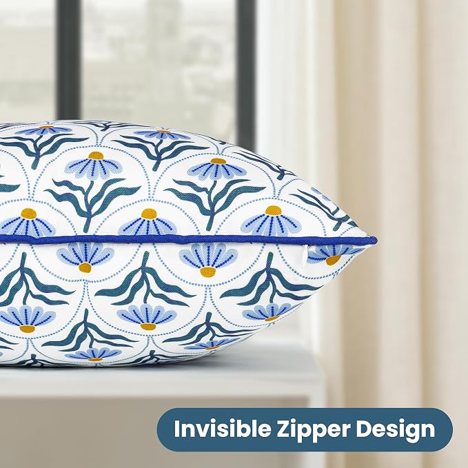 Outdoor Pillow Covers 18x18 Inch, Water-Resistant Decorative Pillow Covers Pack of 2, Floral Throw Pillow Case for Patio Furniture Tent Garden, Blue Bloom with Blue Edge, Cover ONLY
