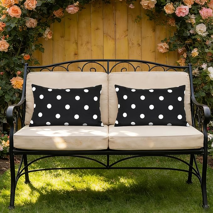 Eternal Beauty 12X20'' Set of 2 Outdoor Decorative Pillow Covers Waterproof Outdoor Pillow Covers for Spring Summer Patio Lumbar Pillows, Black Polka Dot, 12X20 inches