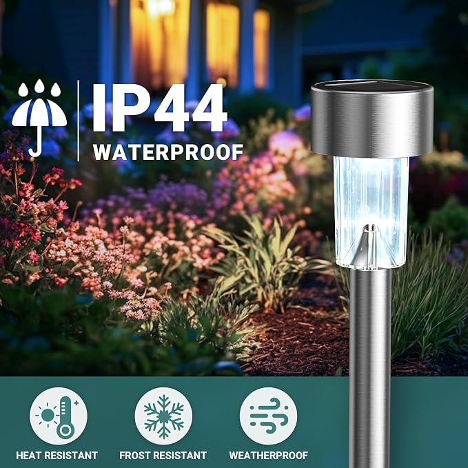 GIGALUMI Outdoor Waterproof Solar Garden Lights, 20 Pack Cold White | Stainless Steel LED, Cold White Brightness, Ideal for Patio Lawn Yard Landscape, Garden & Patio Decor