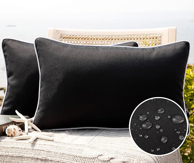 Phantoscope Pack of 2 Outdoor Waterproof Solid Throw Decorative Pillow Cover Decorative Square Outdoor Pillows Cushion Case Patio Pillows for Couch Tent, Black 12x20 inches 30x50 cm