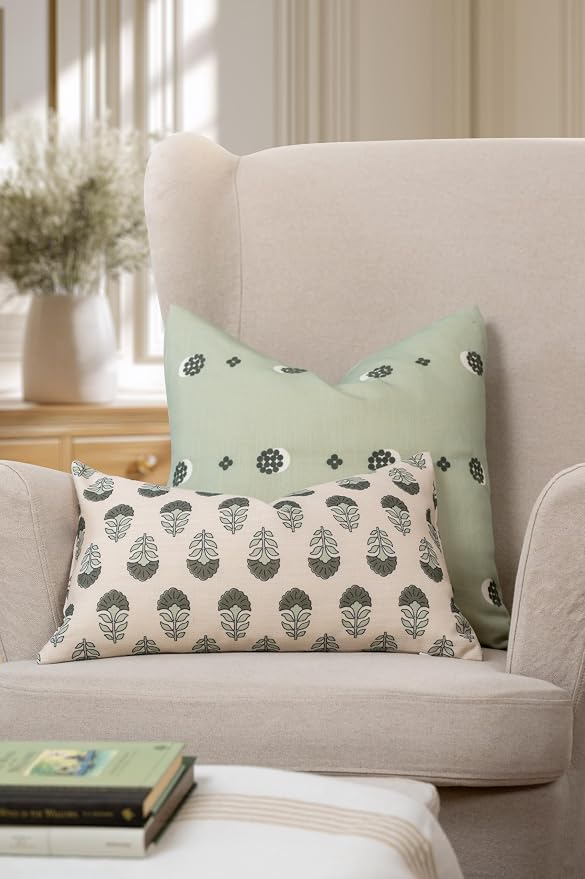 Modern Farmhouse California Casual Indoor Outdoor Throw Pillow Cover, 20"x20" Water Repellent for Patio, Backyard, Couch, Poolside, Olive Light Green Embroidered Striped Dots