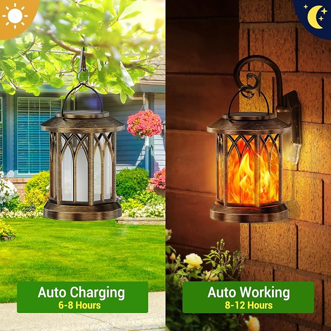 KOOPER 4 Pack Solar Lanterns Outdoor Waterproof, Upgraded Flickering Flame Solar Lantern Lights, Auto On/Off Lanterns Decorative Outdoor, Outdoor Hanging Lantern for Yard Garden Table Decor (Bronze )