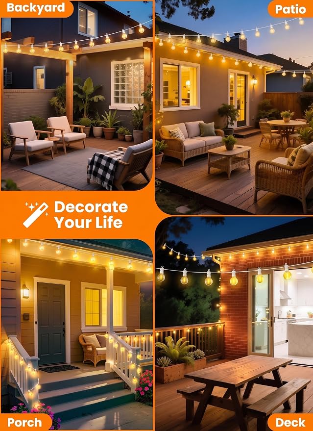 Outdoor String Lights, 50FT 25 LED Bulbs IP65 Waterproof Patio Lights | Shatterproof Dimmable Hanging Connectable G40 Globe LED Outdoor Lights for Christmas, Backyard, Bistro, Porch