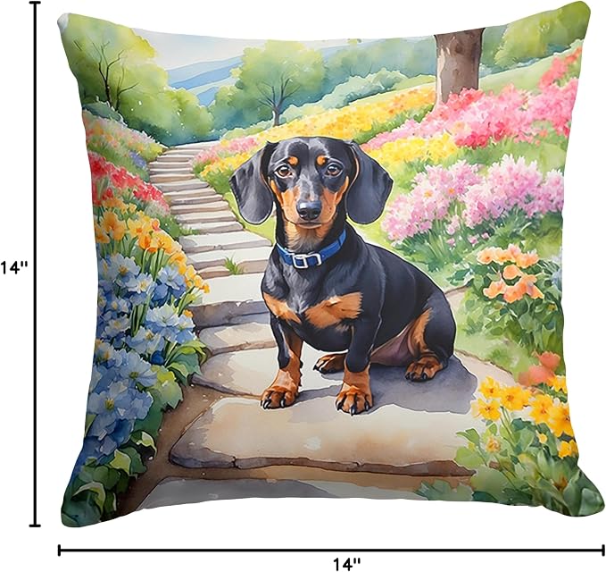 Caroline's Treasures Dachshund Spring Path Throw Pillow Machine Washable, Indoor Outdoor Decorative Pillow for Couch, Bed or Patio, 14Hx14W