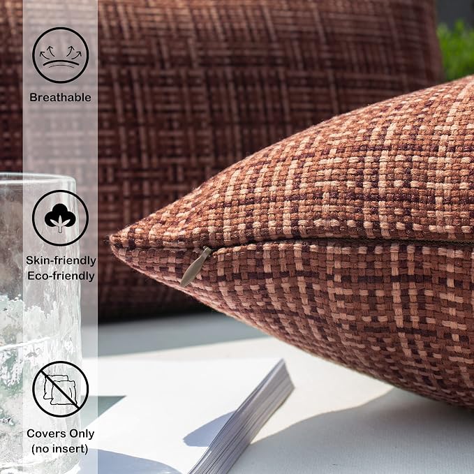 Kevin Textile Outdoor Waterproof 16x16 Inch Pillow Covers 2 Pack, Coffee | Water Resistant, Faux Linen Yarn-dyed, Woven Texture Throw Pillow Covers for Tent Patio Garden Couch Sofa
