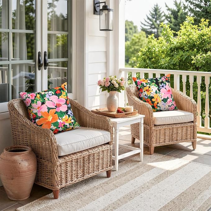 Merrycolor Waterproof Floral Pillow Covers 18x18 Inch Set of 2 Bright Pink and Orange Outdoor Decorative Cushion Cases for Patio Garden Beach Sofa Colorful Summer Accent Throw Pillows