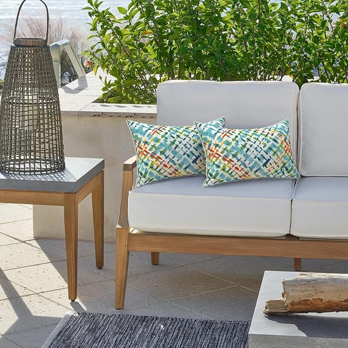 LVTXIII Set of 2 Outdoor Lumbar Pillows for Patio Furniture with White Piping, 12"x20" Fade Resistant Patio Lumbar Pillows with Inserts for Home Coach Sofa Use, Acapa Opal Geometric