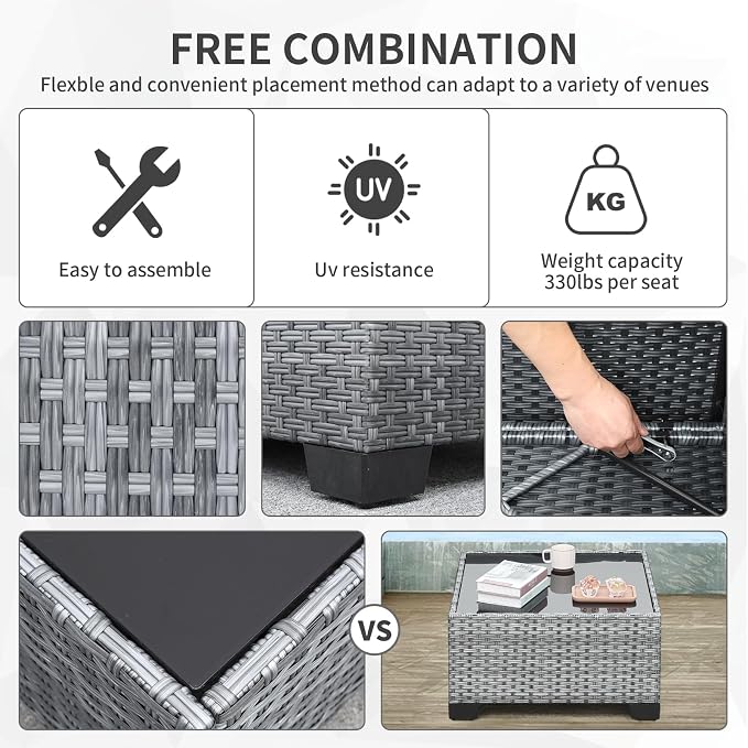 Valita 7 Pieces Outdoor Wicker Furniture Conversation Set Patio Sectional Sofa Set Glass Table with Non-Slip Cushions Furniture Cover, Dark Blue