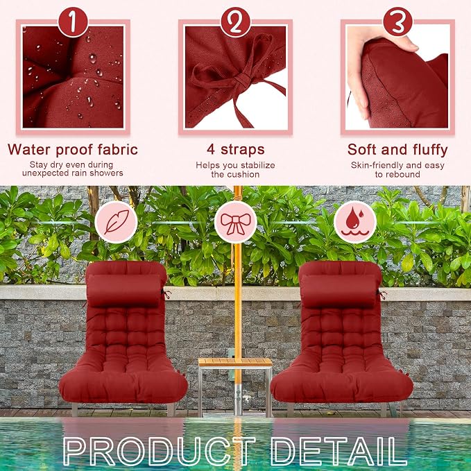 Tudomro Outdoor Chaise Lounge Cushion 66x21x4'' Waterproof & Fade-Resistant Patio Pool Chaise Lounge Cushion Headrest Pillow Tie Replacement Rocking High Back Chair(Burgundy,1 Pcs)