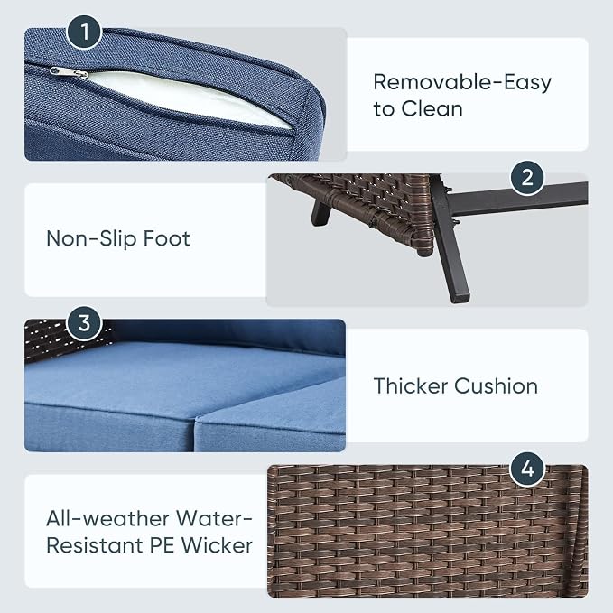 Belord 5 Piece Outdoor Conversation Patio Furniture Set - All-Weather Wicker Patio Rocking Chairs with Loveseat Glider Chair and Coffee Table for Patio Deck Porch Backyard Blue Cushion