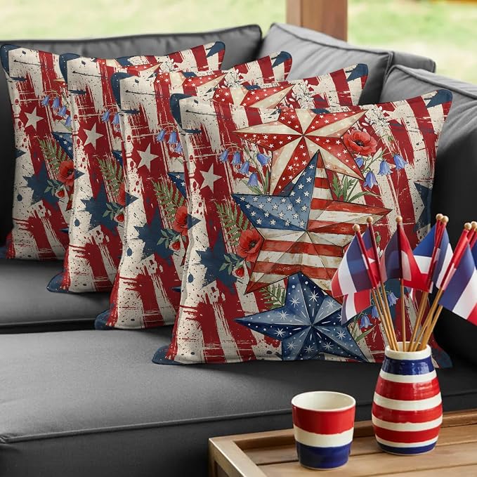 Independence Day Outdoor Pillow Covers 26"x26" Set of 2, Retro American Flag Star Red Flower Abstract Country Waterproof Throw Pillow Covers for Patio Furniture, Decorative Cushion Covers for Porch