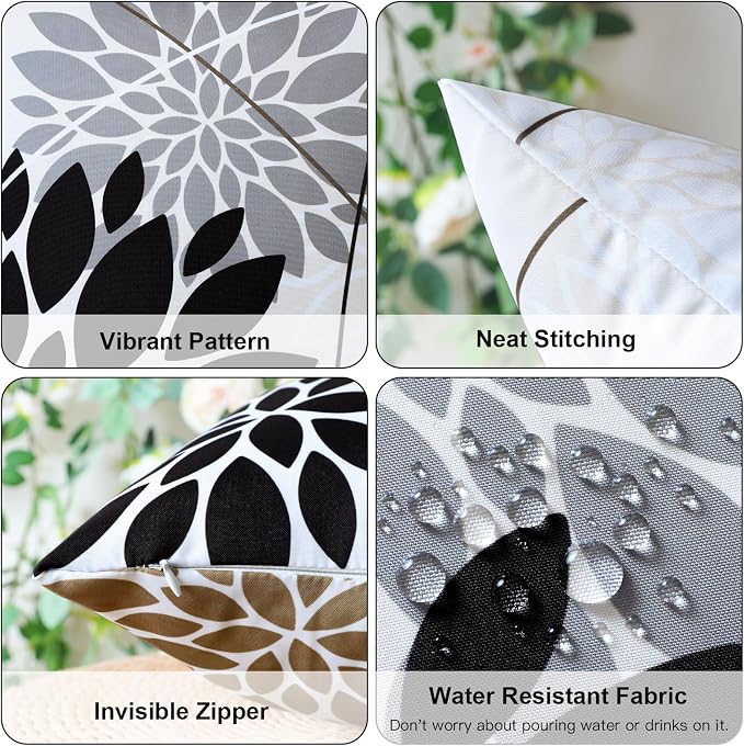 OTOSTAR Outdoor Black Gray Pillow Covers 20x20 Inch Set of 2 White Flower Throw Pillows Farmhouse Geometric Dahlia Floral Square Cushion Case Waterproof Decor for Sofa Patio Funiture Garden