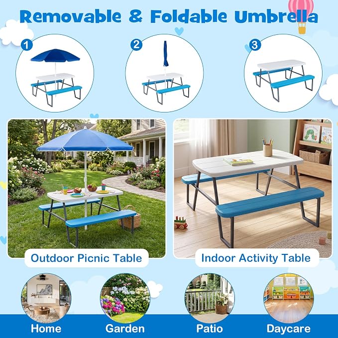 HONEY JOY Kids Picnic Table, 4 Person Toddler Outdoor Table and Chair Set, Built-in Benches, Removable Umbrella, Metal Frame & HDPE Top, Children Outdoor Furniture for Backyard Patio Garden (Blue)
