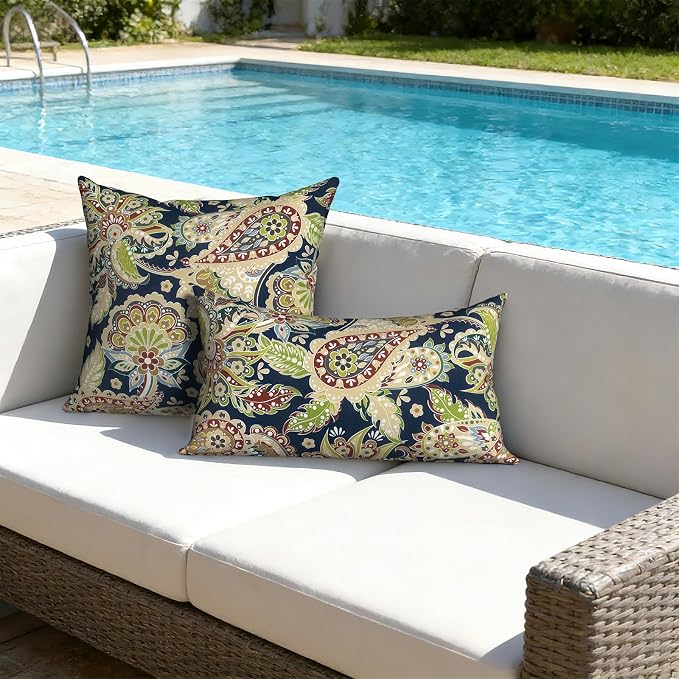 12x20 Inch Lumbae Pillow Covers, Rectangle Waterproof Throw Covers Set of 2, Decorative Patio Furniture Cushion Cases for Porch Garden, Paisley Sapphire Blue