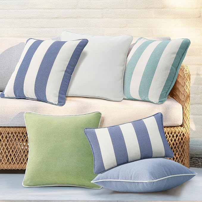 Unimatta Decorative Outdoor Water Repellent Throw Pillows with Inserts, Set of 4, 18" x18" Pillows for Patio, Backyard, Bed, Couch, and Patio Furniture, Navy Stripe