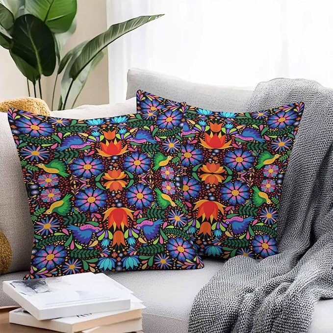Outdoor Waterproof Throw Pillow Covers Set of 2 Colorful Mexican Floral Pillowcases 26x26 Inches Bird Rustic Assorted Flower Decorative Pillows Cushion Case Patio Pillows for Couch Bed Chair Garden
