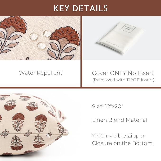 Crumbs Home Modern Farmhouse California Casual Indoor Outdoor Lumbar Pillow Cover, 12"x20" Water Repellent for Patio, Backyard, Couch, Poolside, Earth Tone Rust Orange Neutral Block Print Flowers