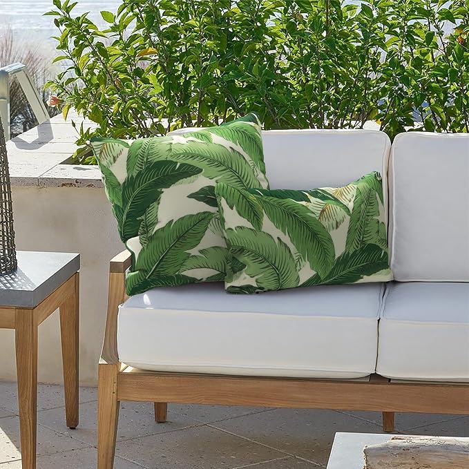 Outdoor Lumbar Pillows 12x20 inch, Rectangle Throw Pillows with Inserts, Decorative Lumbar Cushions for Patio Furniture Garden Couch Home Sofa Office Chair, Pack of 2, Swaying Palms Green