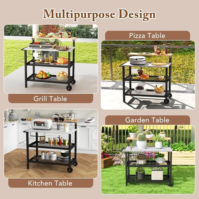 Giantex Outdoor Grill Cart, Pizza Oven Stand with Flip up Bar Table, 4-Shelf Food Prep Cooking Station with Hooks, Trash Bag Holder, Paper Towel Holder, Heavy Duty Movable Dining Table with Wheels