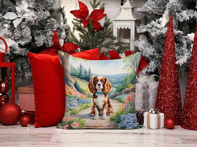 Caroline's Treasures Cavalier Spaniel Spring Path Throw Pillow Machine Washable, Indoor Outdoor Decorative Pillow for Couch, Bed or Patio, 14Hx14W