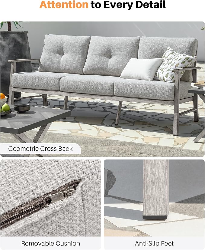 3 Seats Patio Furniture Sofa, Outdoor Aluminum Couch with 5.9'' Soft Cushion, 3-Seater All-Weather Outdoor Patio Furniture Sofa Couch for Balcony, Poolside, Lawn, White Oak