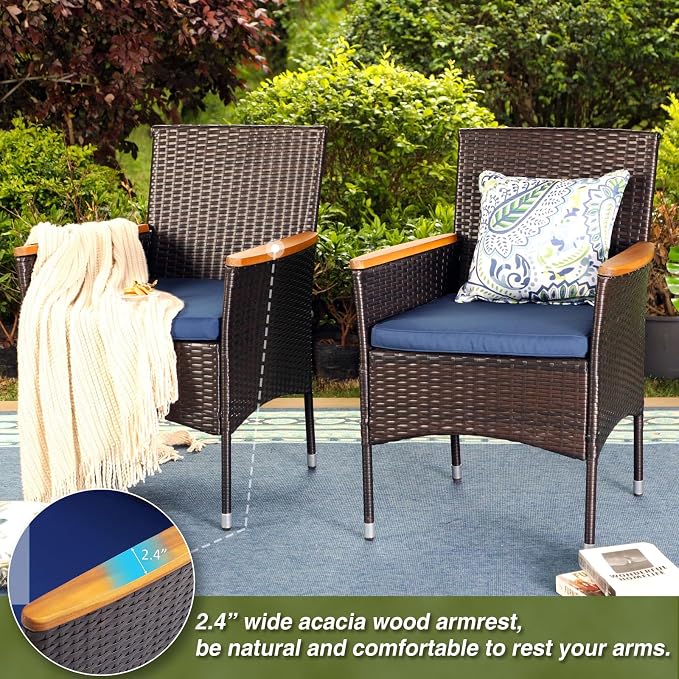 PHI VILLA 7 Piece Patio Dining Set, 60” Rectangular Table, Rattan Chairs | Outdoor Dining Set for 6, Metal Dining Table with Umbrella Hole, Wicker Chairs with Cushions for Patio, Deck, Yard, Porch