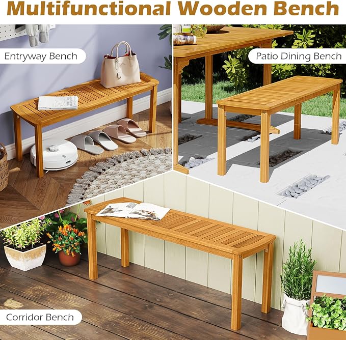 HAPPYGRILL 6 Pieces Acacia Wood Outdoor Dining Set for 6 People, Patio Table & 4 Chairs & 1 Bench Set with Umbrella Hole, Outside Picnic Furniture