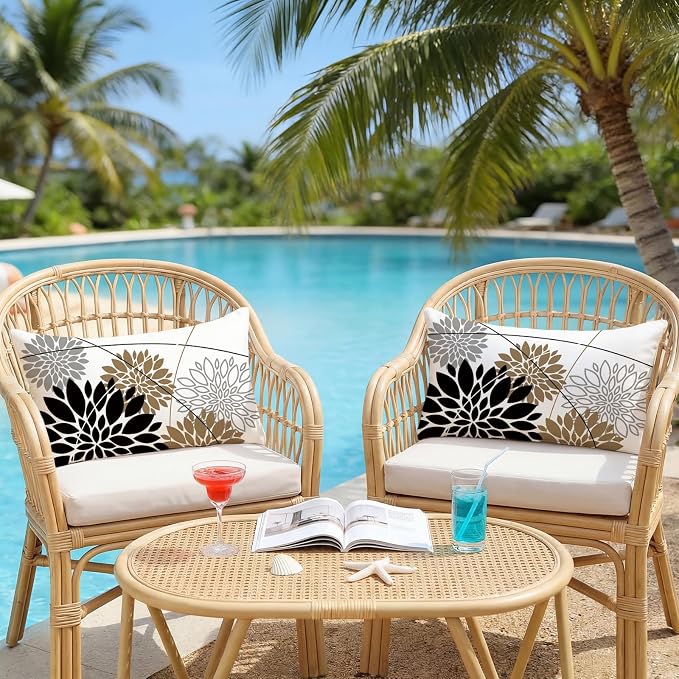 OTOSTAR Outdoor Black Brown Pillow Covers 12x20 Inch Set of 2 Light Brown Flower Throw Pillows Farmhouse Geometric Dahlia Floral Lumbar Cushion Case Waterproof Decor for Sofa Patio Funiture Garden
