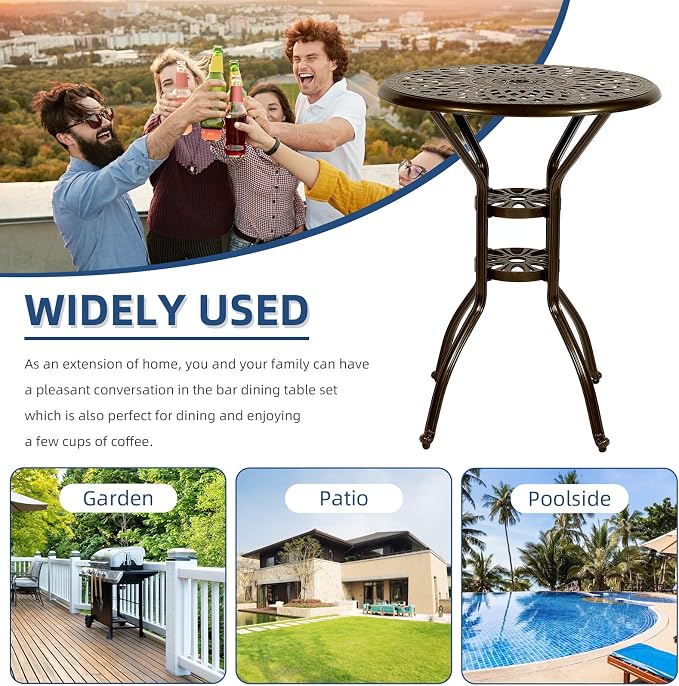 Outdoor Cast Aluminum Bar Table, 31" Patio Bar Height Table with 2" Umbrella Hole, All Weather High Top Bistro Round Dining Table for Outside Deck Porch Balcony Poolside, Dark Bronze