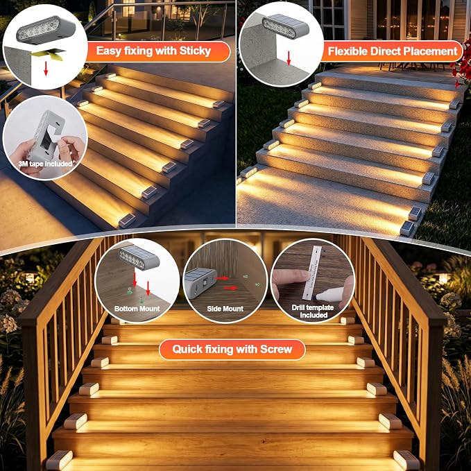 Solar Step Lights for Outside, 6-Pack Stair Light Outdoor Waterproof IP67, 14 LED Warm White Light Solar Powered Lighting for Steps, Stairs, Deck，Patio, Walkway, Front Porch Decor