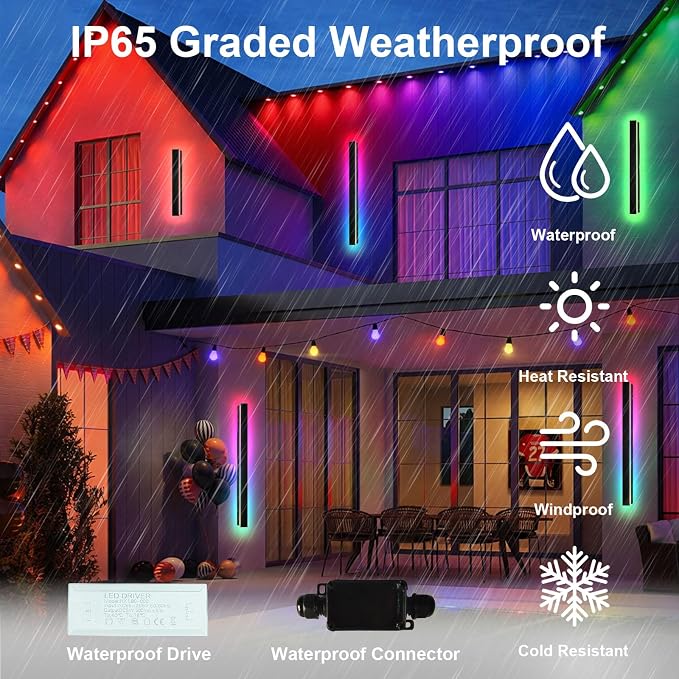 Modern Outdoor RGB Wall Lights, 47 Inch RGB Warm White Dimmable Exterior Wall Sconce, Ip65 Waterproof Black Linear Long Wall Light with Remote and APP Control for House, Garage, Front Door, Porch